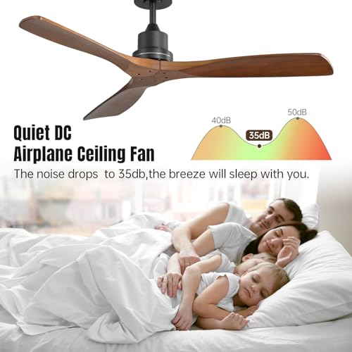CACI Mall Wood Ceiling Fan no Light,Walnut,52" Ceiling Fan Without Light,with Remote,Solid Wood 3 Blade Ceiling Fans,Bedroom, Living Room, Farmhouse, Porch CACI Mall