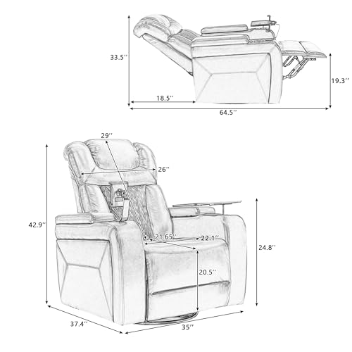 Ball & Cast Power Recliner Chair,270 Degree Swivel PU Leather Home Theater Seating for Living Room,Soft Individual Chair with Tray Table, Phone Holder,Cup Holder,USB Port,Hidden Arm Storage,White