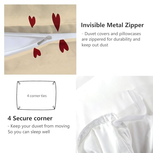 Cream Reversible Duvet Cover Set 2Pcs Small Single Size, Minimalist Red Heart Pattern Bedding Set for Boys Girls Kids Bedroom Decor - Soft Comfy Cozy Microfiber Print Duvet Cover with 1 Pillowcase Generic