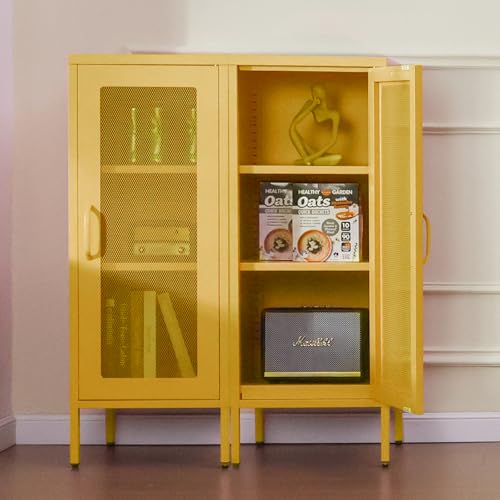 Slim Metal Storage Cabinet with Mesh Doors - 42'' Tall Narrow Organizer Tower, Compact Freestanding Cabinet, Versatile Utility Storage for Home, Office, Kitchen, Living Room, Durable and Modern Design ALBAD