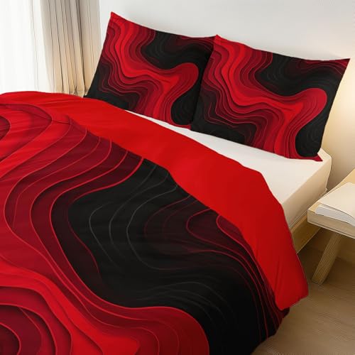 Aesthetic Bedding Red Duvet Cover Single Size, Reversible Modern Curves Minimalist Bedding Set 3 Pcs – Soft Microfiber Comforter Cover with 2 Pillow Shams Generic