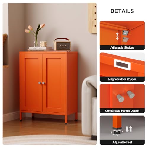 Bevivog Small Bathroom Storage Cabinet, Orange Metal Locker with 2 Doors and 2 Adjustable Shelves, Small Locker Cabinet Sideboard for Home Office, Living Room, Hallway, Entryway Bevivog