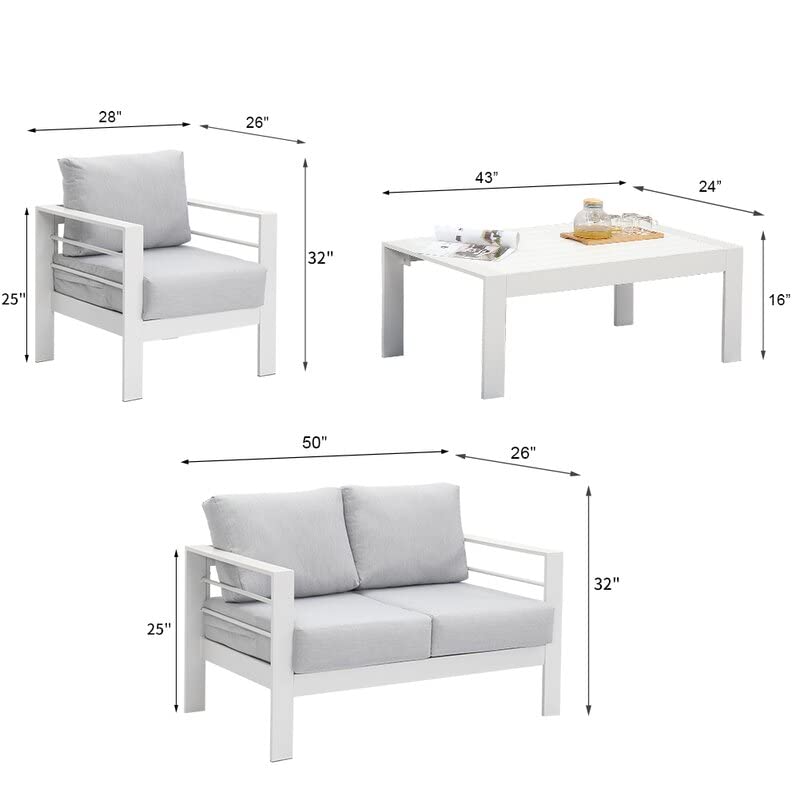 Solaste Outdoor Aluminum Furniture Set - 4 Pieces Patio Sectional Chat Sofa Conversation Set with Table,White Solaste