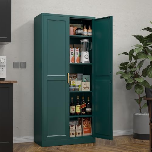 MetalMax 71" Tall Metal Storage Cabinet, Kitchen Pantry Storage Cabinets with Doors and 4 Shelves, Food Pantry Cabinet, Large Cupboard, Utility Steel Cabinets for Dining, Kitchen, Living Room, Green MetalMax