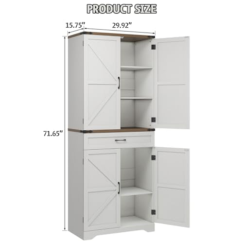 Halitaa 72" Tall Farmhouse Pantry Storage Cabinet with Organizer - Large Capacity Freestanding Cupboard for Kitchen, Dining Room, Living Room, White Halitaa