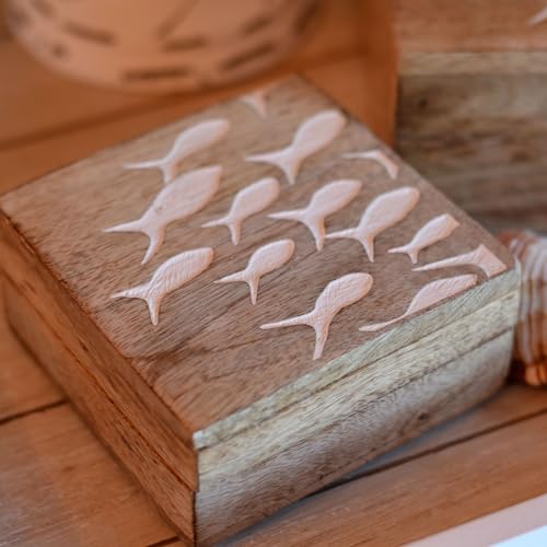 WHW Whole House Worlds Cape Cod Boxes, Set of 2, Keepsake and Trinkets, Natural Wood with Carved White Fish Accents, Nesting, Hinged, 5.5 and 4 Inches WHW Whole House Worlds