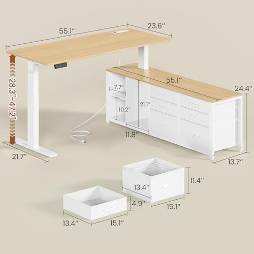 SEDETA L Shaped Electric Standing Desk, 55" x 55" Height Adjustable Office Executive Desk with 6 Fabric Drawers and Storage Shelves, Sit Stand Computer Desk with Power Outlet for Home Office (Oak) SEDETA