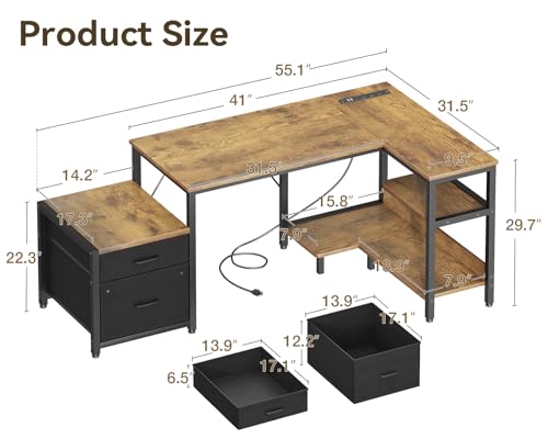 Casaottima L Shaped Desk with Drawers & File Cabinet, Reversible Computer Desk with Storage Shelves & CPU Stand, Corner Desk with Power Outlets, L Desk for Home Office, Rustic Brown Casaottima