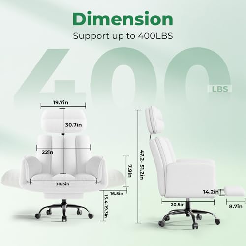 Criss Cross Office Chair with Armrests & Wheels, Comfy Velvet Vanity Chair, Ergonomic Executive Gaming Computer Chairs with Foot Rest, Wide Seat Reclining Desk Chair, White HOMRELEXA