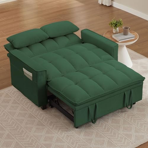 Portaforta Sleeper Sofa with Pull Out Couch Bed, 48" Convertible Pull-Out Sofa Bed Chair, 3-in-1 Futon Couch with Reclining Backrest and Side Pockets for Living Room Bedroom Apartment, Green Portaforta