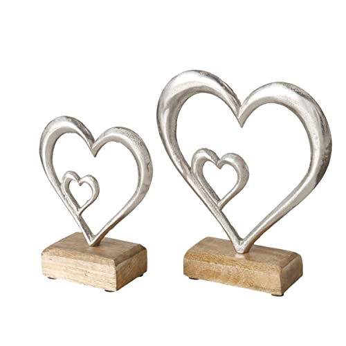 WHW Whole House Worlds Eternity Double Heart Figurines, Set of 2, Hand Cast Aluminum. Mango Wood Gallery Base, 7.75 and 6 Inches WHW Whole House Worlds