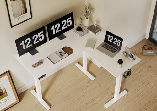 Claiks L Shaped Standing Desk Adjustable Height, Dual Motor Electric Corner Standing Desk, 75 x 63 inch with Splice Board, White Claiks