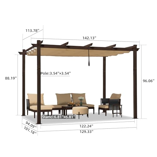 PURPLE LEAF 10' x 12' Outdoor Retractable Pergola Aluminum with DIY Sun Shade Canopy Patio Modern Heavy-Duty Brown Shelter for Garden Yard Pavilion Grape Trellis Porch, Beige PURPLE LEAF