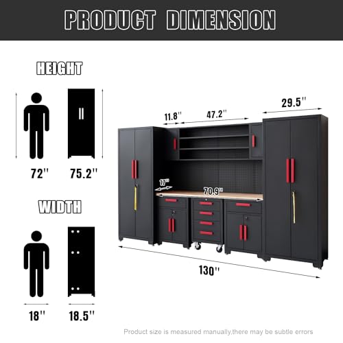 HPDMC Garage Storage Cabinet System 9-Pcs Workshop Set Garage Cabinets and Storage System with Steel Cabinet Drawers, Rolling Chest, Workbench, Pegboard for Garage Tool Organization, Black and Red HPDMC
