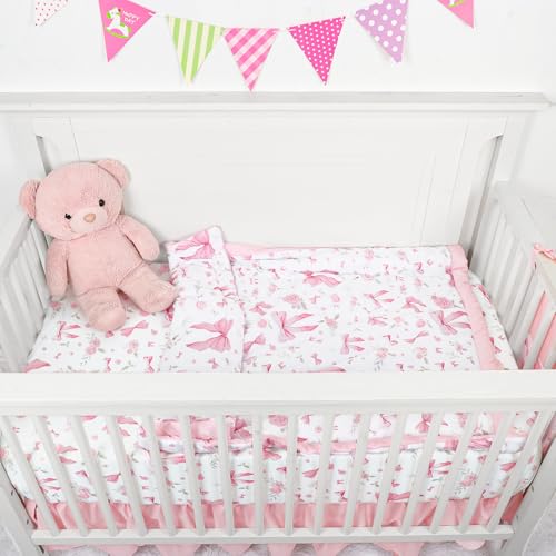 Jundetye Floral Crib Bedding Set for Girls, 4 Pieces Pink Baby Nursery Bedding Set for Standard Size Crib, Including Soft Comforter, Crib Sheet, Ruffled Crib Skirt, Diaper Stacker Jundetye