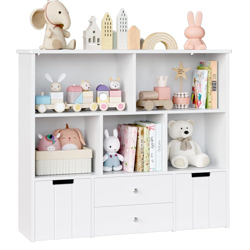 FOTOSOK Toy Storage Organizer with 4 Drawers, Toy Organizers and Storage with Concealed Wheels and 5 Storage Cubbies, Multifunctional Storage Chest Kids Storage Organization, Playroom Furniture, White FOTOSOK