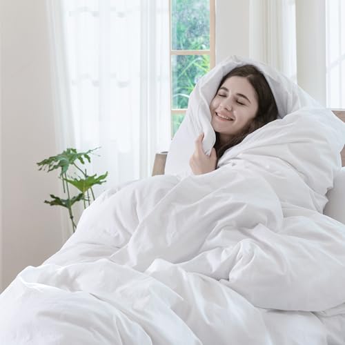 MooMee Bedding Duvet Cover Set 100% Washed Cotton Linen Like Textured Breathable Durable Soft Comfy (Solid Bright White, Queen 90"x90") MooMee