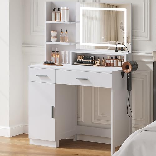 ProsperHaven Vanity Desk with LED Mirror and Lights, Makeup Vanity Table with Power Outlet, Drawers, Cabinet, Dressing Table with Open Storage Shelves for Bedroom, Dressing Room, White ProsperHaven
