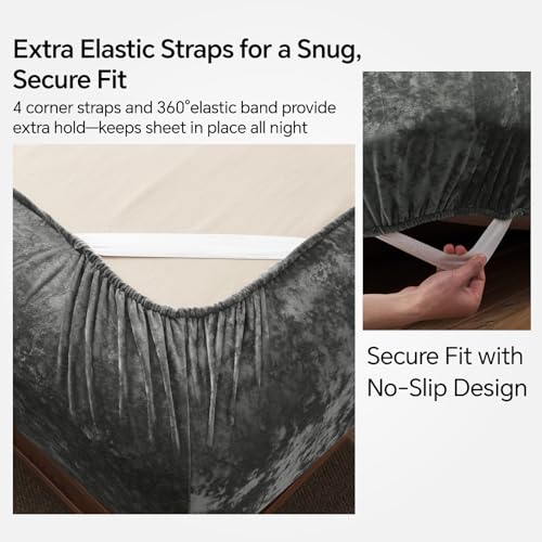 BEDELITE Velvet Fitted Sheet and Pillowcases Set, Luxury Soft Fuzzy Bottom Sheet with Reinforced Elastic Corner Straps, Deep Pocket up to 15 Inch, 1 Fitted Sheet and 2 Pillowcases (Full, Grey) BEDELITE