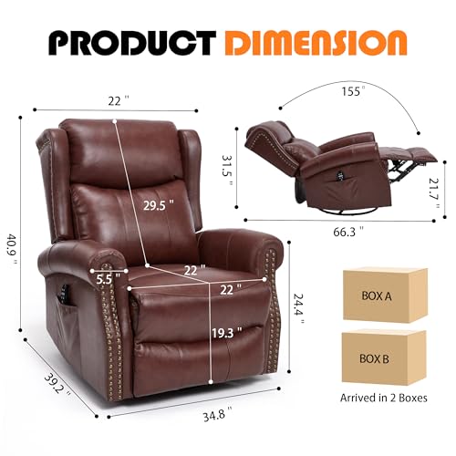 Genuine Leather Recliner Chair for Adults, Manual Swivel Rocker Glider Rocking Chair with Vibration Massage Lumbar Heat for Nursery, Rivet Design Single Sofa Chair for Living Room - Burgundy Red