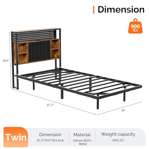 VINGLI Floating Bed Frame Twin Bed with Charging Station and LED Lights,Twin Metal Bed Frame,Cozy Hidden Storage Velvet Upholstered Headboard,No Box Spring Needed,Easy Assembly,Black VINGLI