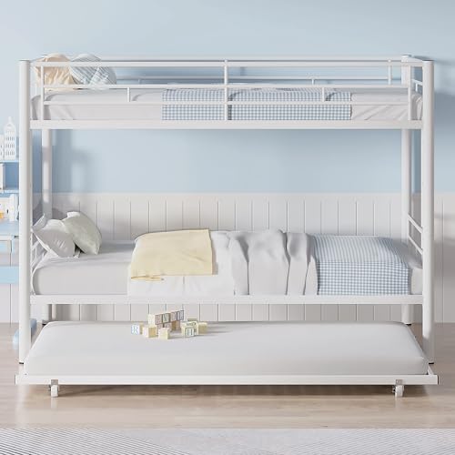 VECELO Bunk Bed Twin Over Twin with Trundle, Metal Bunkbeds with Ladder and Full-Length Guardrail, No Box Spring Needed, Space Saving, Noise Free, White VECELO