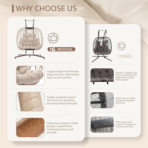 NICESOUL Double Swing Egg Chair with Stand, Extra Large 2 Person Indoor Outdoor Wicker Loveseat, Oversized Patio Hanging Basket Chair with Cushions, 700Lbs Sturdy Porch Swing for Backyard, Beige NICESOUL