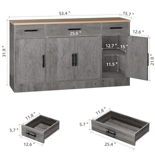 Shintenchi Buffet Cabinet with Storage,53.4" Large Kitchen Storage Cabinet with 3 Drawers and 4 Doors,Wood Farmhouse Buffet Sideboard with Adjustable Shelf for Kitchen Living Room,Ash Grey Shintenchi