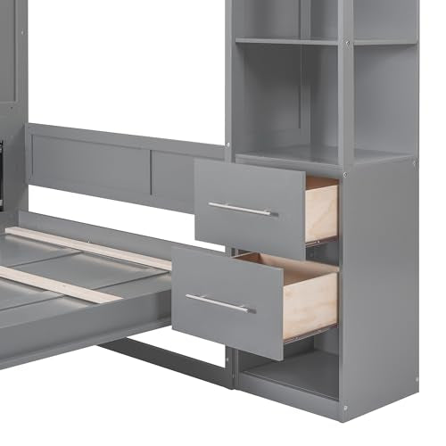Ball & Cast Wall Bed Queen Size Murphy Beds with 2 Four-Layer Shelves and 4 Drawers,Wood Storage Hideaway Cabinet w/LED Lights,Space-Saving for Home Office,Study,Guest Room,Gray Ball & Cast