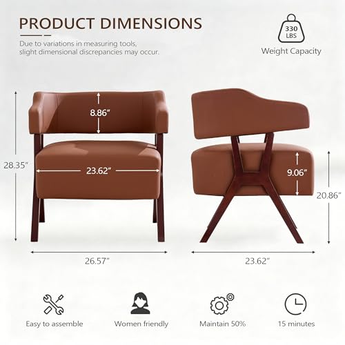 JIASTING Barrel Accent Chairs, Brown Leather Chairs with Solid Wood Frame, Mid-Century Modern Wooden Armchair with Wraparound Back, Comfy Office Reading Chair for Living Room, Bedroom (2, Brown) JIASTING