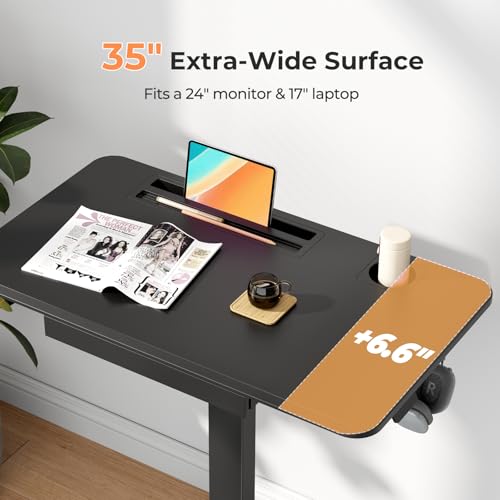 JYLH JOYSEEKER Mobile Standing Desk with Drawer, 35" Small Standing Desk with Cup Holder, Rolling Laptop Cart on Wheels, Height Adjustable Table with Storage for Home Office, Black JYLH JOYSEEKER