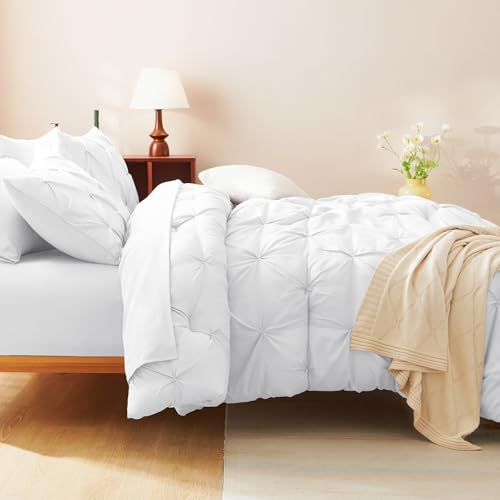CozyLux Queen Comforter Set White, 7 Pieces Pintuck Bed in A Bag, Premium White Comforter Queen Size, Pinch Pleat Bedding Sets with Comforter, Sheets, Pillowcases & Shams CozyLux