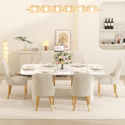 RGZ Modern Oval Dining Table Set for 6, 71" White Faux Marble Kitchen Table with Ripple Legs & 6 Beige Gold Comfy Upholstered Chenille Chairs, Dinner Table Set for Office, Home, Dining Room RGZ