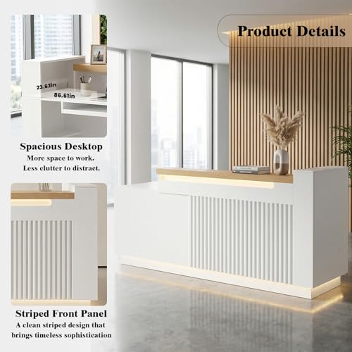 63" L-Shaped Front Desk with Built-in Outlets, Modern Reception Desk with LED Lights & Counter, White Checkout Counter with Lockable Drawers and Storage Shelves for Office, Salon, Retail and Lobby