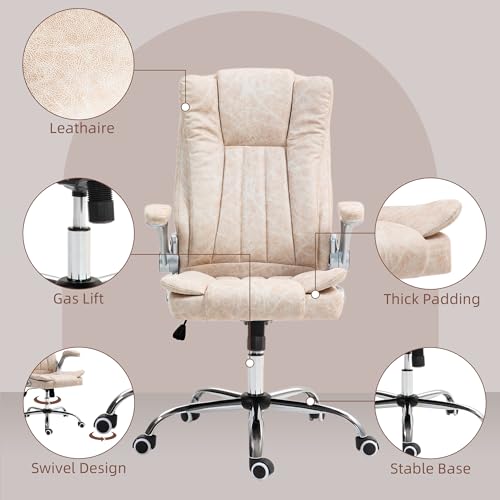 HOMCOM Executive Office Chair with Padded Flip-up Arms, Microfiber High Back Desk Chair, Swivel Computer Chair with Adjustable Height and Tilt Function, Cream White HOMCOM