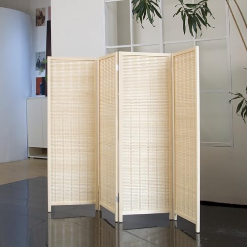 Loomveil 4 Panel Short Room Divider Folding Screen,47 inch Bamboo Panel Divider for Home Partition,Beige Loomveil