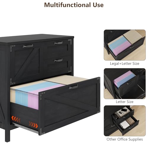 Lateral File Cabinet with 4 Drawers Farmhouse File Cabinet for Letter/Legal/A4 Size Hanging Files, Large Wood File Storage Cabinets Printer Stand for Home Office Cabinet, Black Halitaa