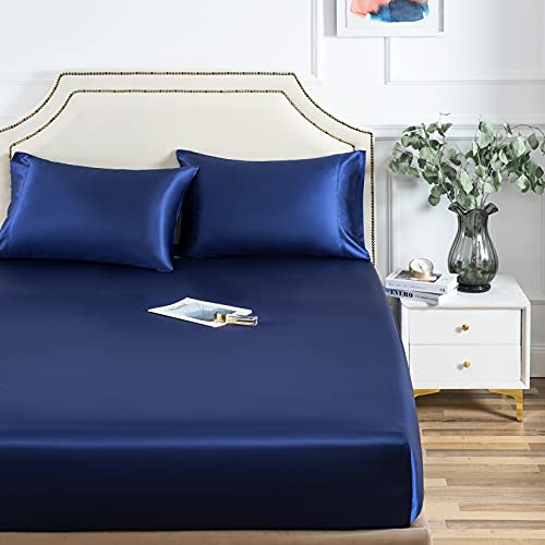 Satin Fitted Sheet, Full Fitted Sheet Only, 1 - Piece Ultra Soft Deep Pocket Single Silk Bottom Bed Sheet Full - Navy Blue Luxbedding