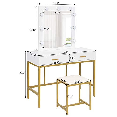 VINGLI 40" Vanity Set with Lighted Mirror and Stool,White Makeup Vanity Table Set with 9 Lights for Women,Bedroom Makeup Dressing Table with 2 Drawers and Stool,White&Gold VINGLI