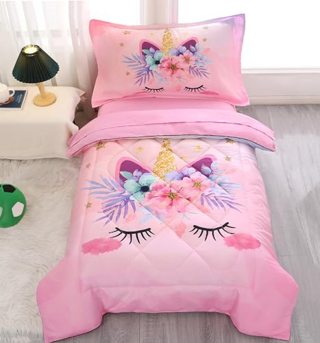 KINBEDY Toddler Bedding Set 4 Piece Pink Unicorn Crib Bedding Set for Girls Soft Cute Floral Toddler Bed Sheets Comforter Set Baby Bedroom Set, Include Comforter, Flat Sheet, Fitted Sheet, Pillowcase KINBEDY