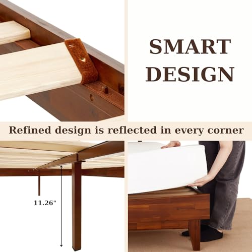 Bme Caden 15 Inch Adjustable King Bed Frame - Mid Century Acacia Wood Platform with Headboard, Dark Chocolate Bme