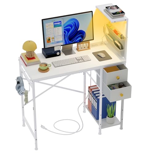 Jakyitvi 33.7" Computer Desk with Power Outlets, LED Lights & 2 Drawers, Small Office Desk with Storage Bag & Hooks, Gaming Desk for Bedrooms or Home Office, Compact Study Desk for Small Spaces,White Jakyitvi