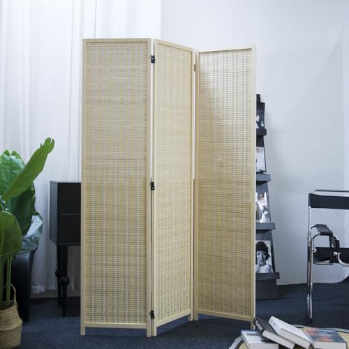Furnnylane 3 Panel Room Divider and Folding Panel Screen,Bamboo Panel Divider Screen for Room Separation,Beige,67" H x 46" W Furnnylane
