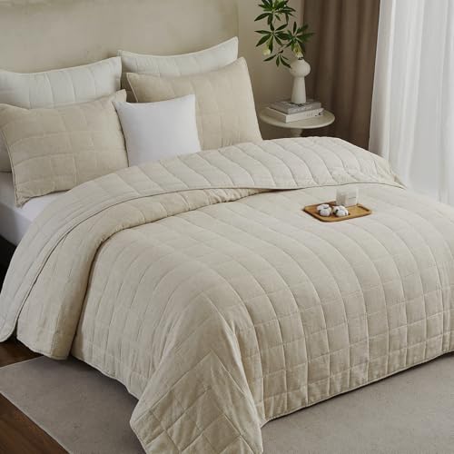 Powdion French Linen Quilt King, Pre-Washed Linen Front and Cotton Back European Comforter, Lightweight Breathable Cotton Quilt King Size for All Season, 3 Pcs Box Stitch Beige King Quilt Powdion