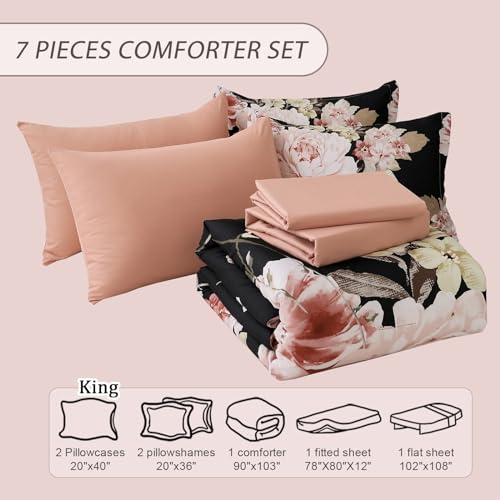 Floral Comforter Set King Size 7 Pieces Black Pink Floral Bed in a Bag, Complete Bedding Sets Elegant Flower Bed Set Comforter for All Season with Flat Sheet, Fitted Sheet, Pillowcases & Shams Dintszyayue