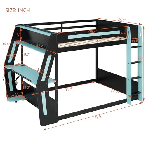 RuiSiSi Full Size Wood Gaming Bunk Bed with Desk and Charging Station for Boys, Multi-Storage Wooden Bunk Bed with RGB Lighting for Kids Teens Adults, Cloud Blue RuiSiSi