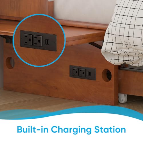 Mjkone Queen Murphy Bed, Cabinet Bed with Tri-fold Mattress/Built-in USB Charging Station/Drawers/Bedside Panel, Space Saving Hidden Adult Guest Beds, Murphy Chest Cabinet Beds for Bedroom - Cherry Mjkone