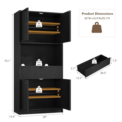 Garvee Tall Kitchen Pantry Cabinet, 70" Pantry Storage Cabinet with Countertop, Fluted Kitchen Hutch Cabinets with Doors and Drawer, Freestanding Cupboard for Dining Room, Living Room, Black Garvee
