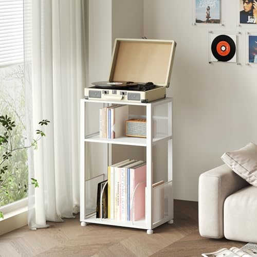 DUMOS 3 Tier Side Table, 1 Pack Record Player Stand with Storage Up to 100 Albums,Turntable Stand for Vinyl,Brown Records Shelf for Living Room Bedroom White DUMOS