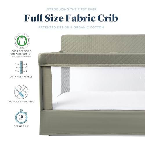 Baby Delight Lunaire Full Size Crib | Breathable Mesh Baby Crib | Tool-Free Assembly Baby Bed | 100% GOTS Certified Organic Cotton Fabric | Organic Sage